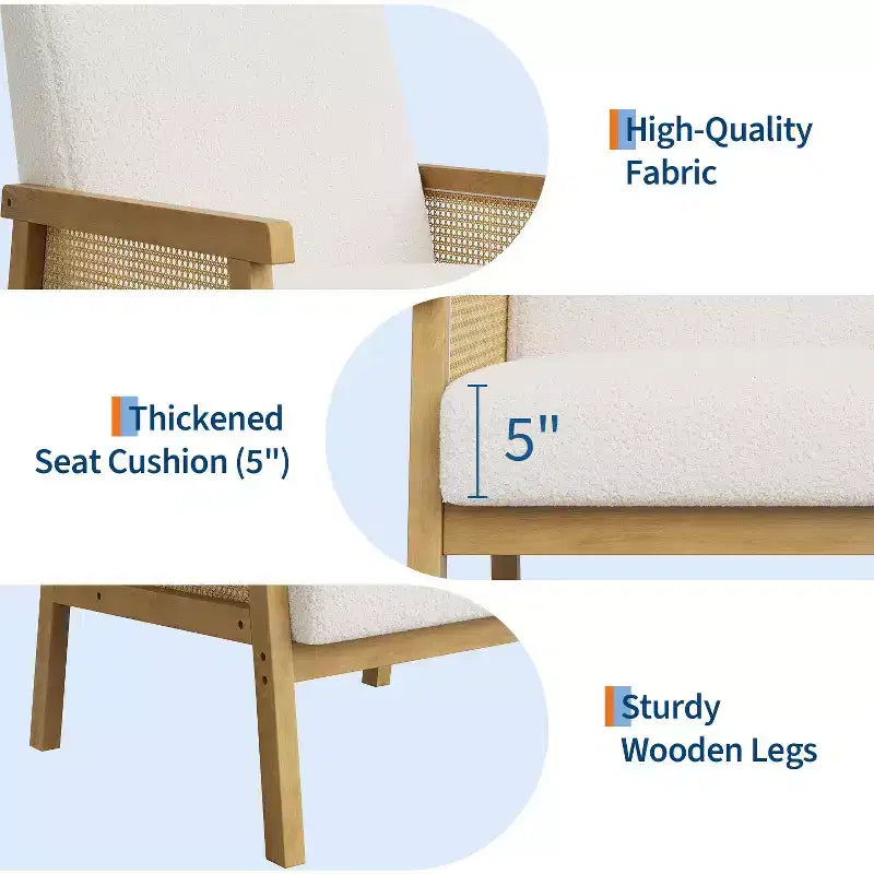 Modern Rattan Accent Chair with High Back Wood Frame, Upholstered Boucle or Faux Leather Armchair for Living Room Bedroom Reception, White Brown