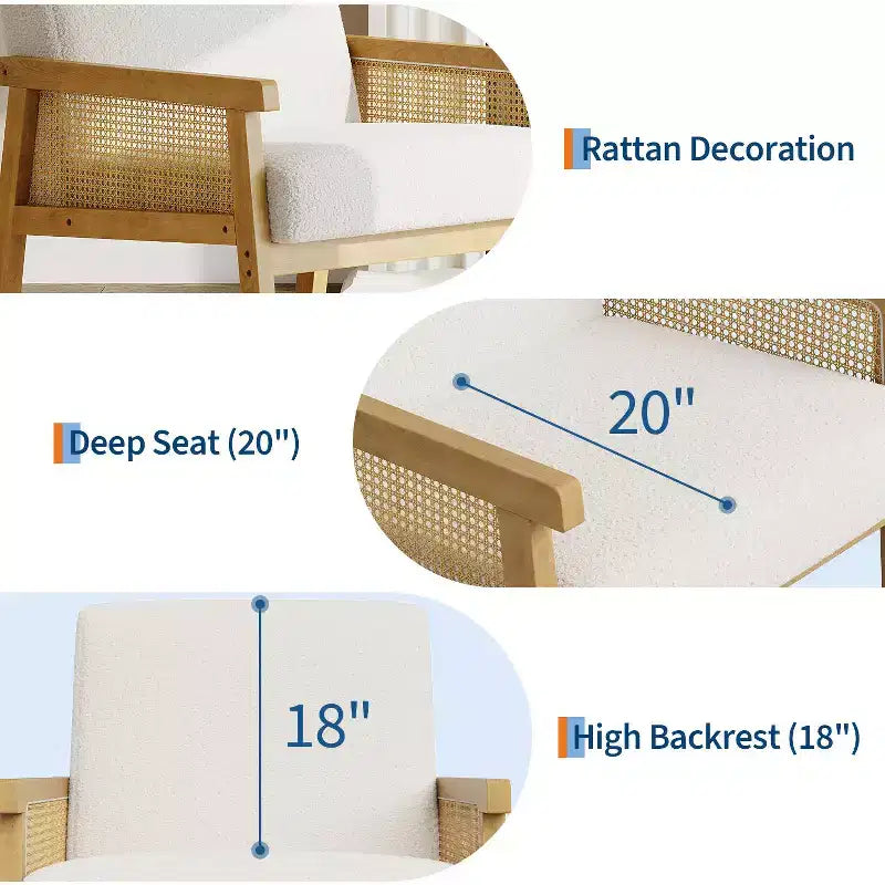 Modern Rattan Accent Chair with High Back Wood Frame, Upholstered Boucle or Faux Leather Armchair for Living Room Bedroom Reception, White Brown