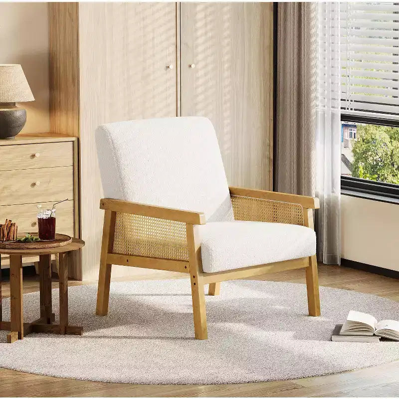 Modern Rattan Accent Chair with High Back Wood Frame, Upholstered Boucle or Faux Leather Armchair for Living Room Bedroom Reception, White Brown