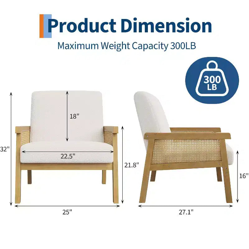 Modern Rattan Accent Chair with High Back Wood Frame, Upholstered Boucle or Faux Leather Armchair for Living Room Bedroom Reception, White Brown