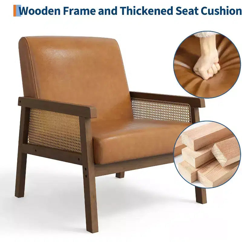 Modern Rattan Accent Chair with High Back Wood Frame, Upholstered Boucle or Faux Leather Armchair for Living Room Bedroom Reception, White Brown