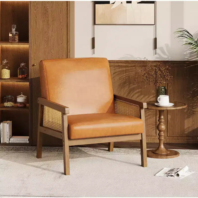 Modern Rattan Accent Chair with High Back Wood Frame, Upholstered Boucle or Faux Leather Armchair for Living Room Bedroom Reception, White Brown