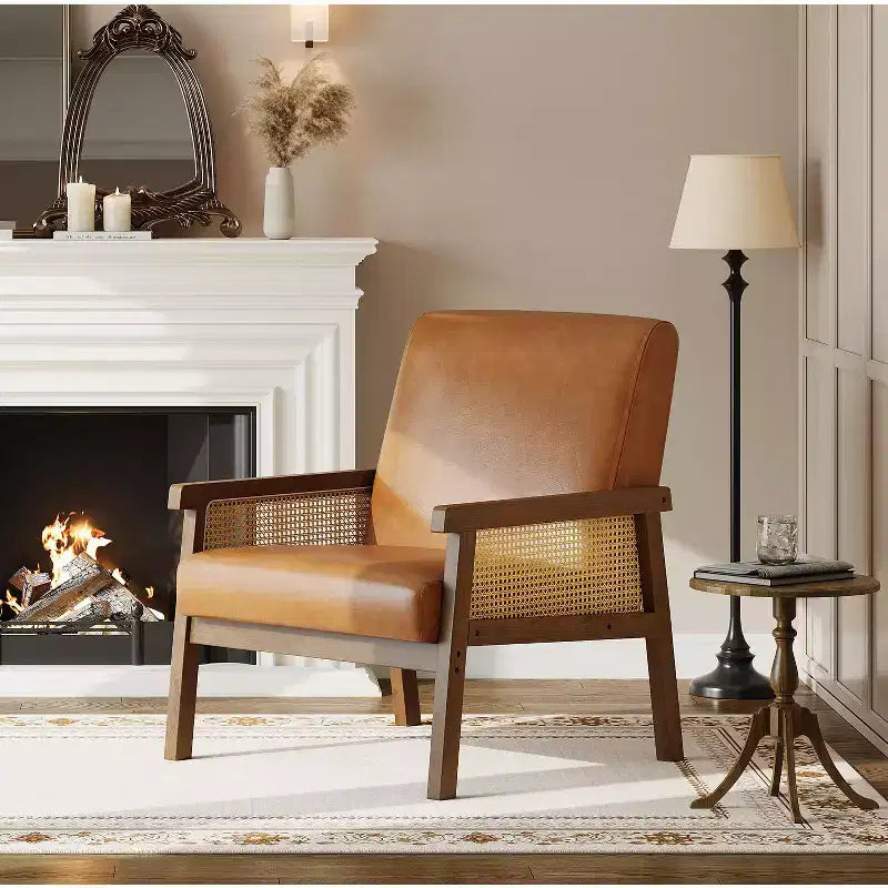 Modern Rattan Accent Chair with High Back Wood Frame, Upholstered Boucle or Faux Leather Armchair for Living Room Bedroom Reception, White Brown