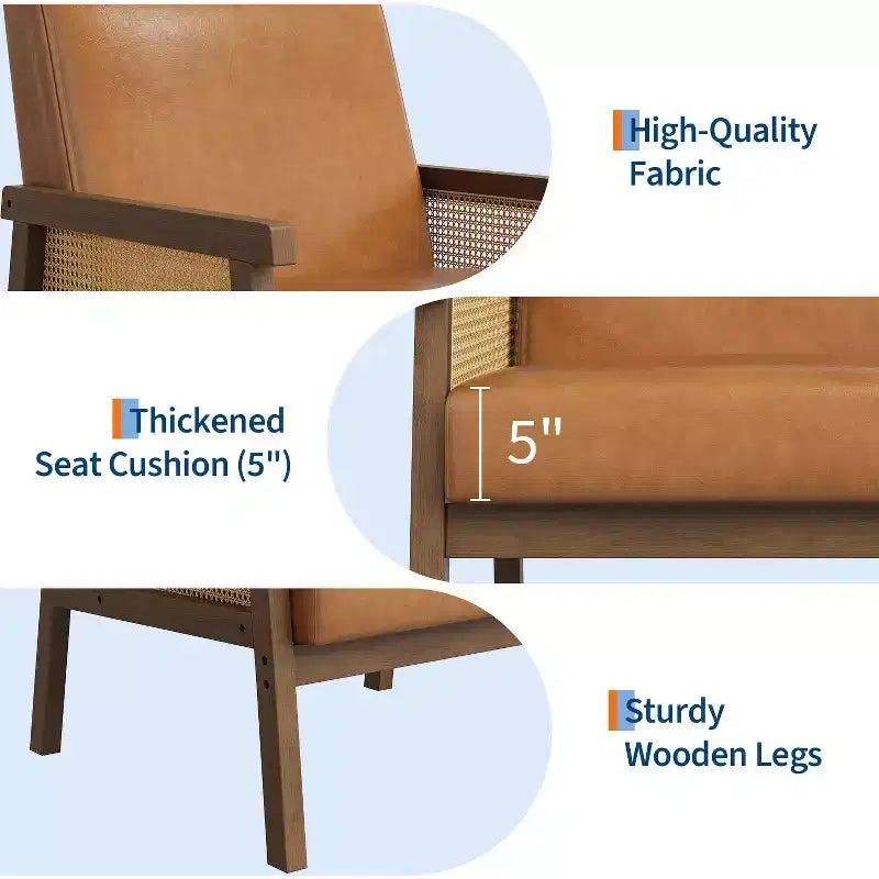 Modern Rattan Accent Chair with High Back Wood Frame, Upholstered Boucle or Faux Leather Armchair for Living Room Bedroom Reception, White Brown
