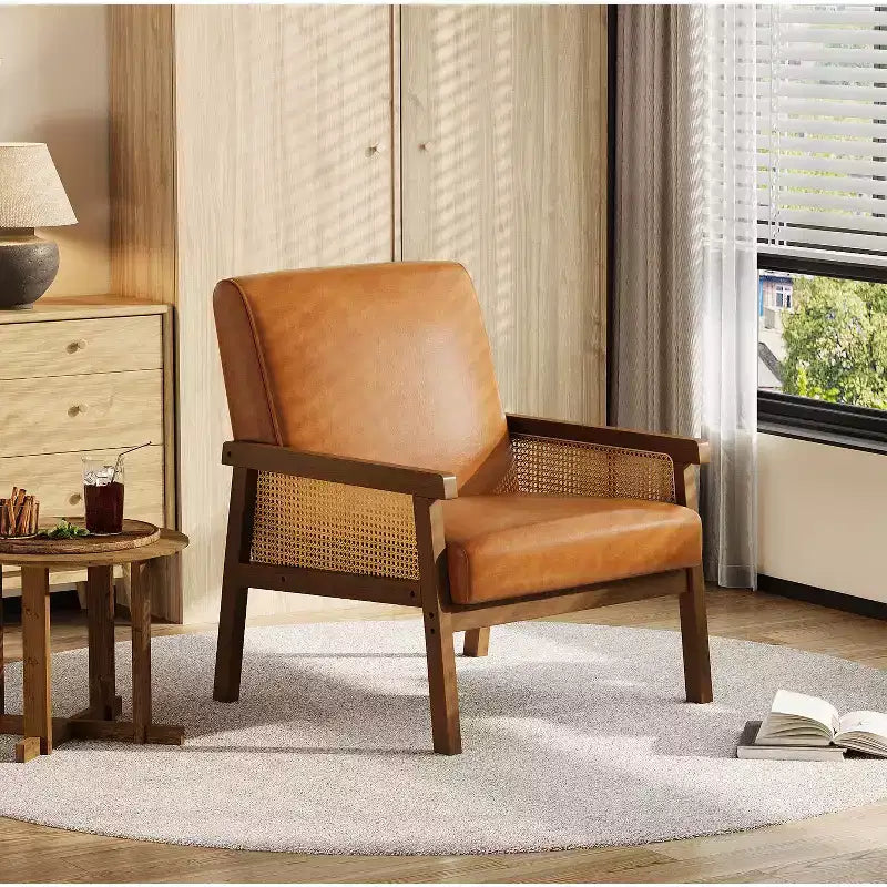 Modern Rattan Accent Chair with High Back Wood Frame, Upholstered Boucle or Faux Leather Armchair for Living Room Bedroom Reception, White Brown