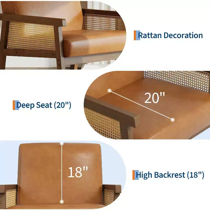 Modern Rattan Accent Chair with High Back Wood Frame, Upholstered Boucle or Faux Leather Armchair for Living Room Bedroom Reception, White Brown