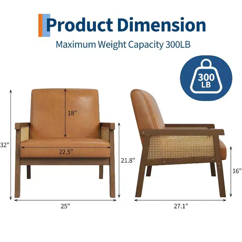 Modern Rattan Accent Chair with High Back Wood Frame, Upholstered Boucle or Faux Leather Armchair for Living Room Bedroom Reception, White Brown