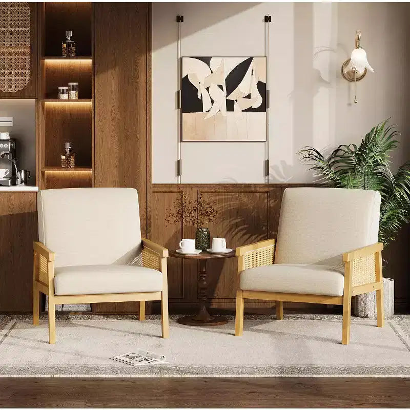 Modern Rattan Accent Chair with High Back Wood Frame, Upholstered Boucle or Faux Leather Armchair for Living Room Bedroom Reception, White Brown