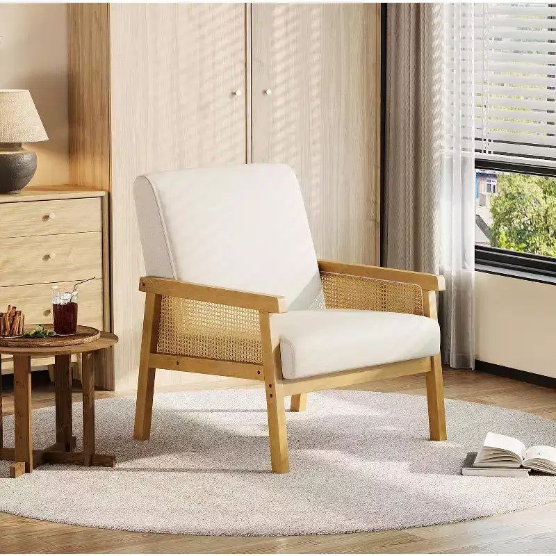 Modern Rattan Accent Chair with High Back Wood Frame, Upholstered Boucle or Faux Leather Armchair for Living Room Bedroom Reception, White Brown