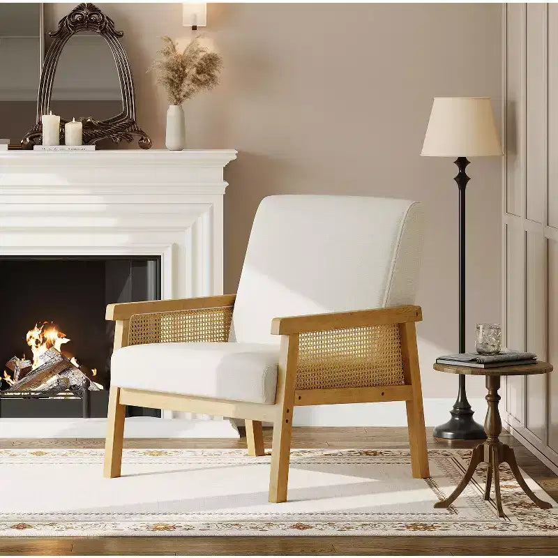 Modern Rattan Accent Chair with High Back Wood Frame, Upholstered Boucle or Faux Leather Armchair for Living Room Bedroom Reception, White Brown