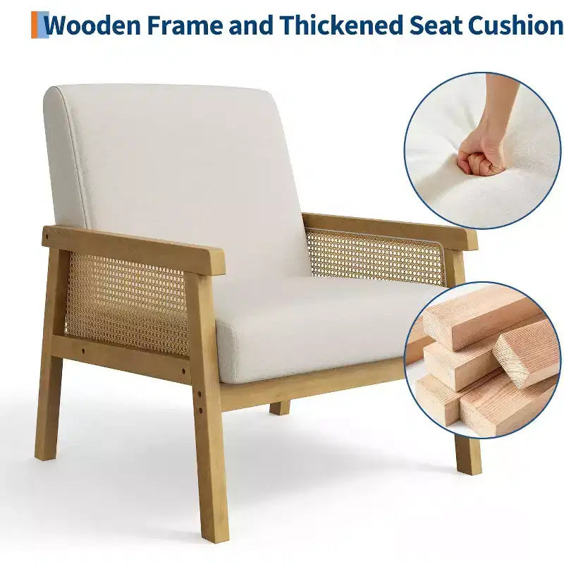 Modern Rattan Accent Chair with High Back Wood Frame, Upholstered Boucle or Faux Leather Armchair for Living Room Bedroom Reception, White Brown