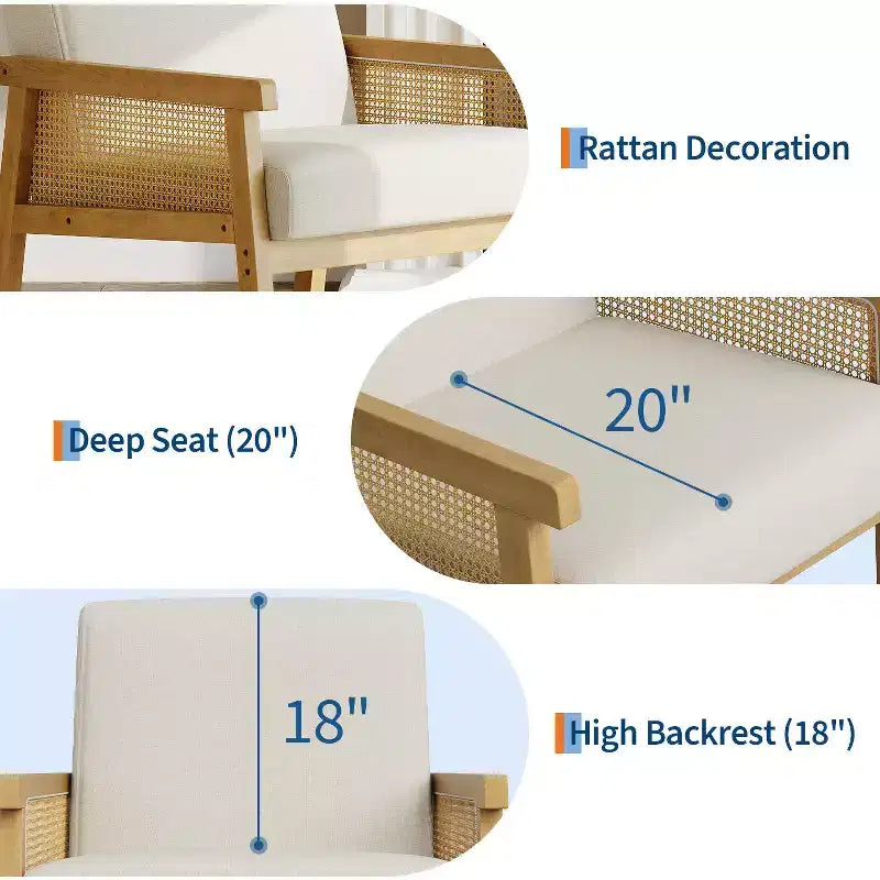 Modern Rattan Accent Chair with High Back Wood Frame, Upholstered Boucle or Faux Leather Armchair for Living Room Bedroom Reception, White Brown