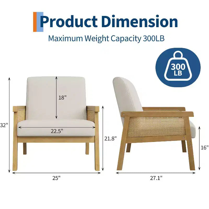 Modern Rattan Accent Chair with High Back Wood Frame, Upholstered Boucle or Faux Leather Armchair for Living Room Bedroom Reception, White Brown