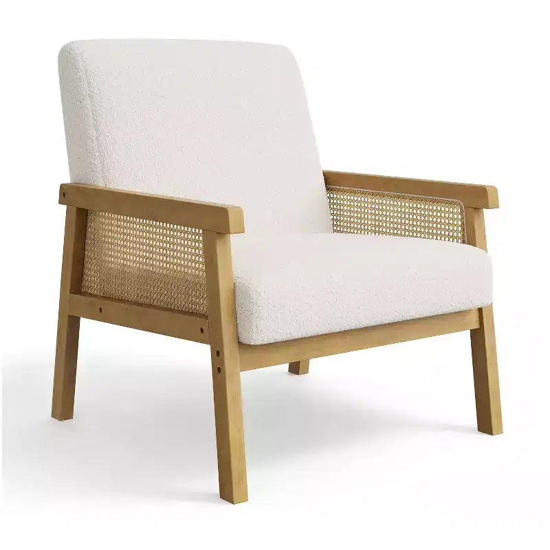 Modern Rattan Accent Chair with High Back Wood Frame, Upholstered Boucle or Faux Leather Armchair for Living Room Bedroom Reception, White Brown
