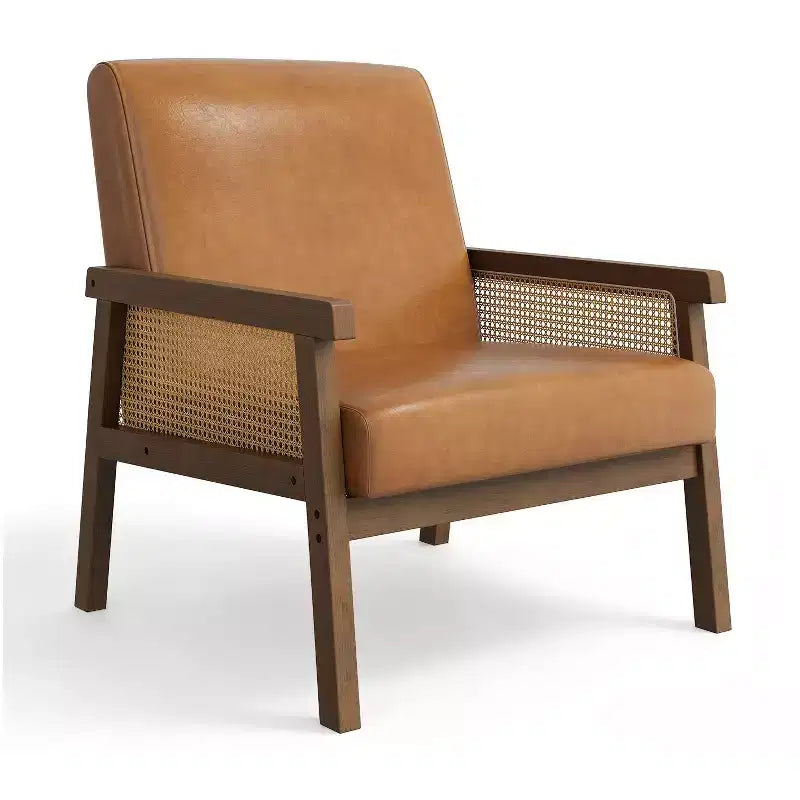 Modern Rattan Accent Chair with High Back Wood Frame, Upholstered Boucle or Faux Leather Armchair for Living Room Bedroom Reception, White Brown