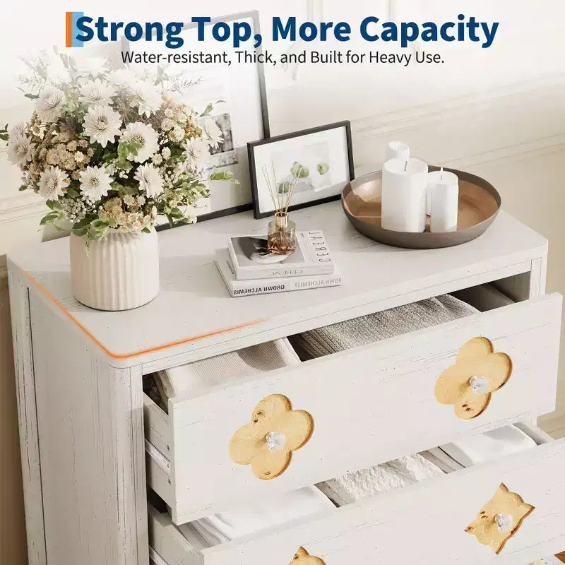 5-Drawer Tall Fluted Dresser, Large Bedroom Storage Cabinet with Rattan Boho Decorative Drawers, Clothes Organizer for Bedroom, Nursery & Living Room