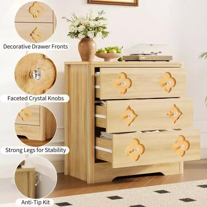 5-Drawer Tall Fluted Dresser, Large Bedroom Storage Cabinet with Rattan Boho Decorative Drawers, Clothes Organizer for Bedroom, Nursery & Living Room