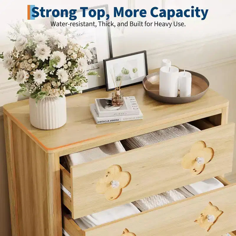 5-Drawer Tall Fluted Dresser, Large Bedroom Storage Cabinet with Rattan Boho Decorative Drawers, Clothes Organizer for Bedroom, Nursery & Living Room
