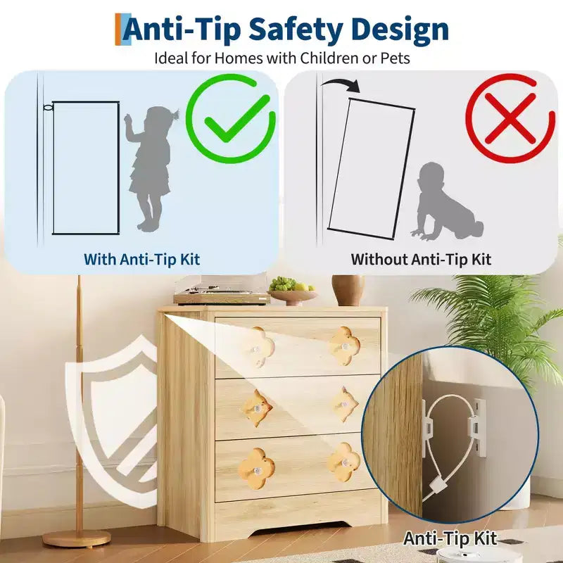 5-Drawer Tall Fluted Dresser, Large Bedroom Storage Cabinet with Rattan Boho Decorative Drawers, Clothes Organizer for Bedroom, Nursery & Living Room
