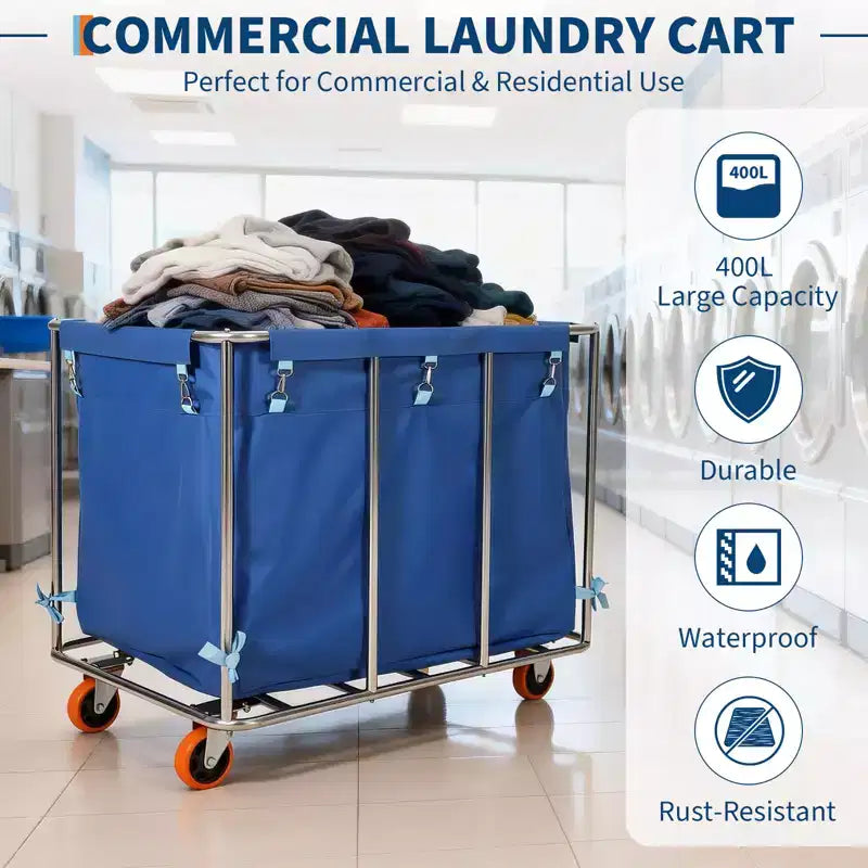 Heavy Duty 400L Laundry Cart with Wheels  Removable Waterproof Oxford Liner, Rolling Flatbed Trolley for Hotel, Hospital, School, Home  Blue