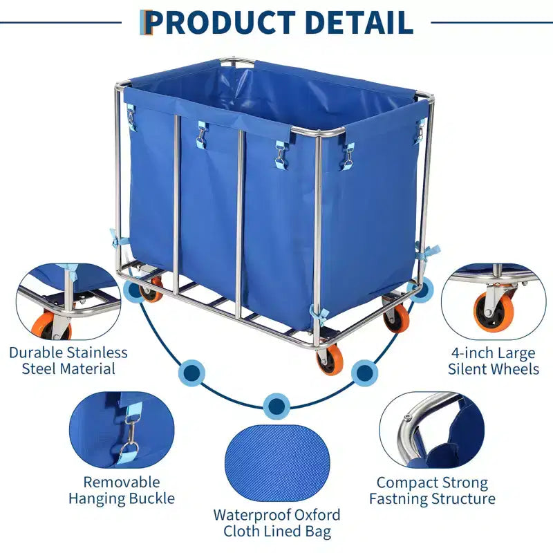 Heavy Duty 400L Laundry Cart with Wheels  Removable Waterproof Oxford Liner, Rolling Flatbed Trolley for Hotel, Hospital, School, Home  Blue