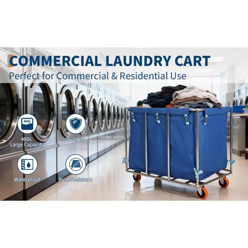 Heavy Duty 400L Laundry Cart with Wheels  Removable Waterproof Oxford Liner, Rolling Flatbed Trolley for Hotel, Hospital, School, Home  Blue