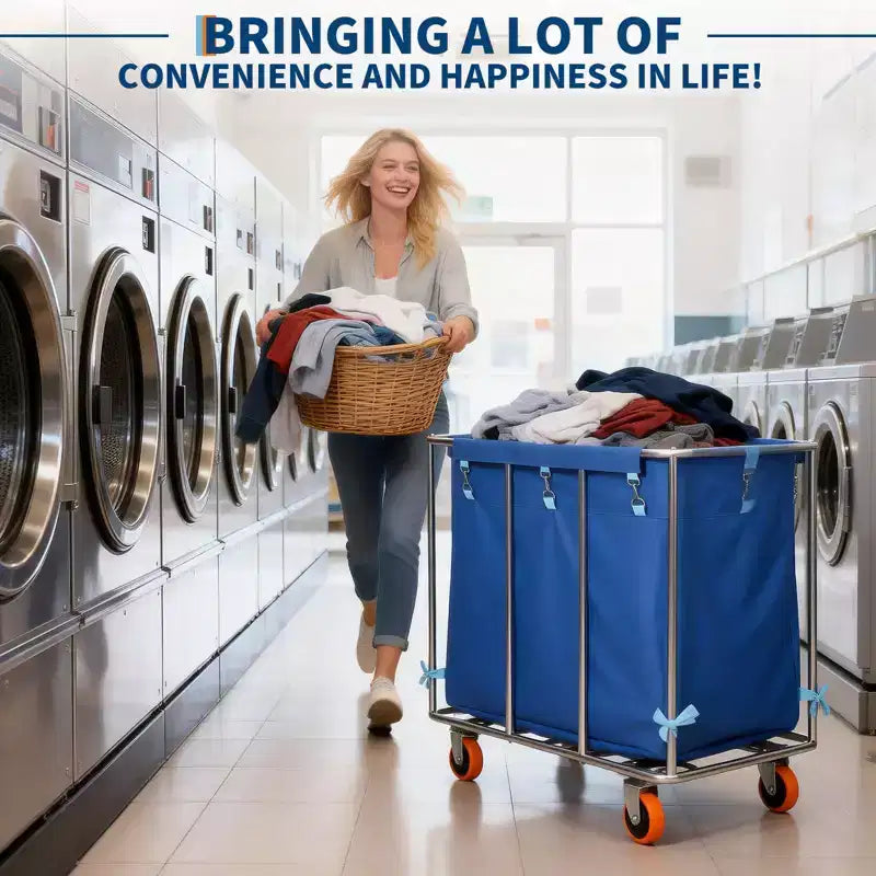 Heavy Duty 400L Laundry Cart with Wheels  Removable Waterproof Oxford Liner, Rolling Flatbed Trolley for Hotel, Hospital, School, Home  Blue