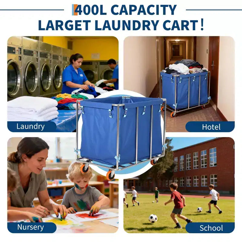 Heavy Duty 400L Laundry Cart with Wheels  Removable Waterproof Oxford Liner, Rolling Flatbed Trolley for Hotel, Hospital, School, Home  Blue