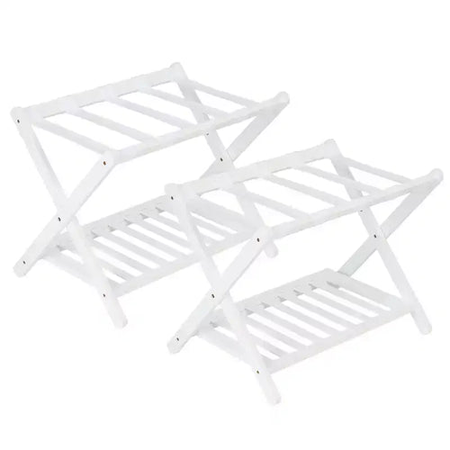 2-Pack Folding Bamboo Luggage Rack with 2-Tier Shelf  Premium White Suitcase Stand Holds 150 lb for Bedrooms & Hotels