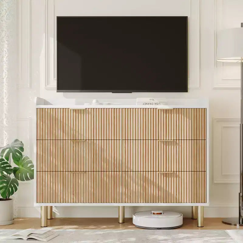 47.2 Modern Fluted Wood Double Dresser, Curved Design with Metal Handles, Wide Storage Organizer Cabinet for Bedroom & Living Room