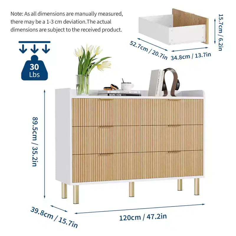 47.2 Modern Fluted Wood Double Dresser, Curved Design with Metal Handles, Wide Storage Organizer Cabinet for Bedroom & Living Room