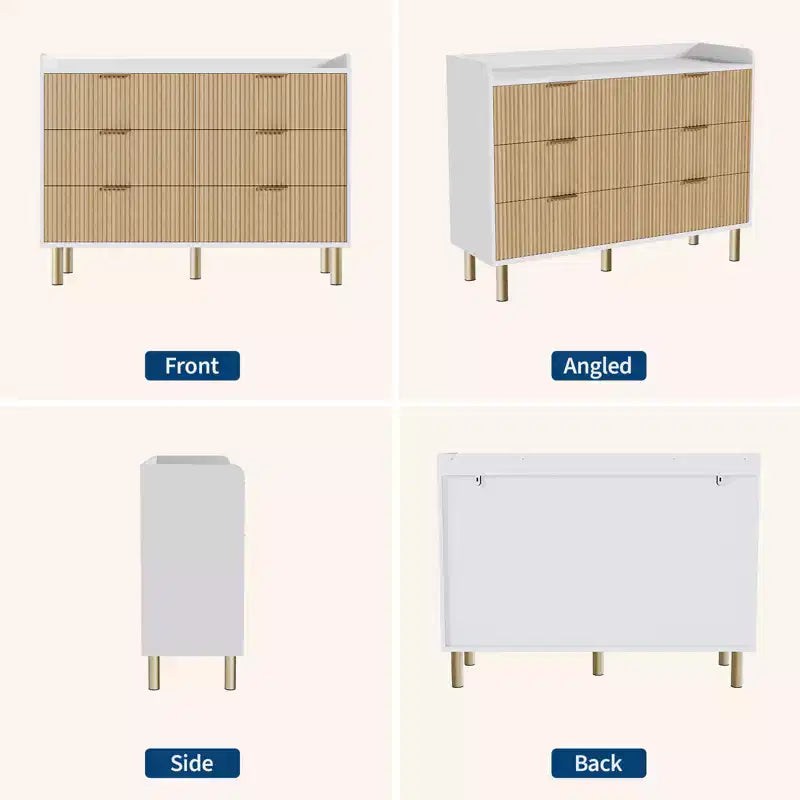 47.2 Modern Fluted Wood Double Dresser, Curved Design with Metal Handles, Wide Storage Organizer Cabinet for Bedroom & Living Room