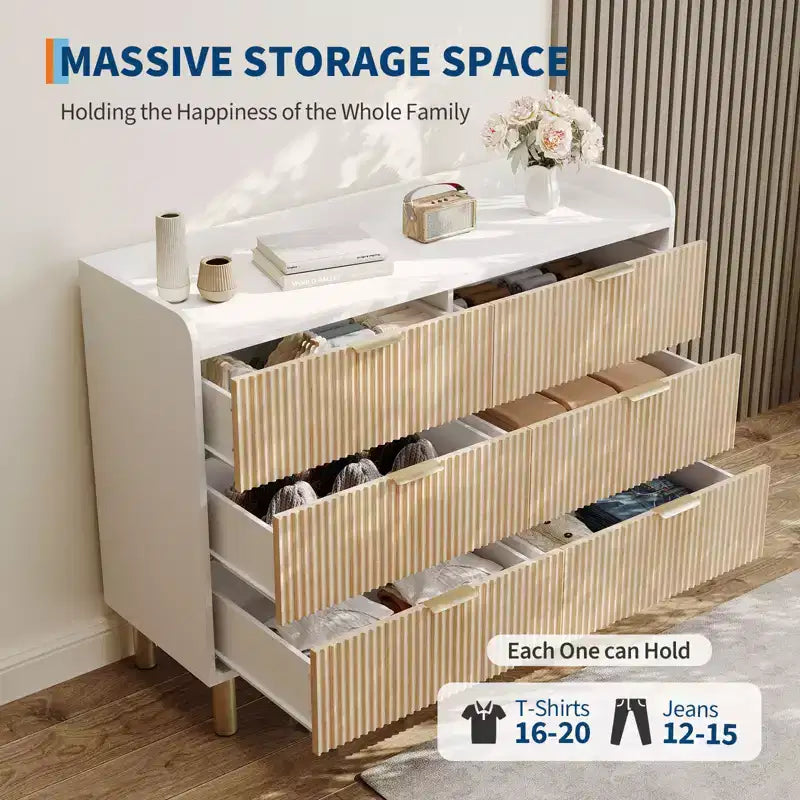 47.2 Modern Fluted Wood Double Dresser, Curved Design with Metal Handles, Wide Storage Organizer Cabinet for Bedroom & Living Room