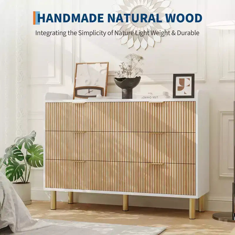 47.2 Modern Fluted Wood Double Dresser, Curved Design with Metal Handles, Wide Storage Organizer Cabinet for Bedroom & Living Room