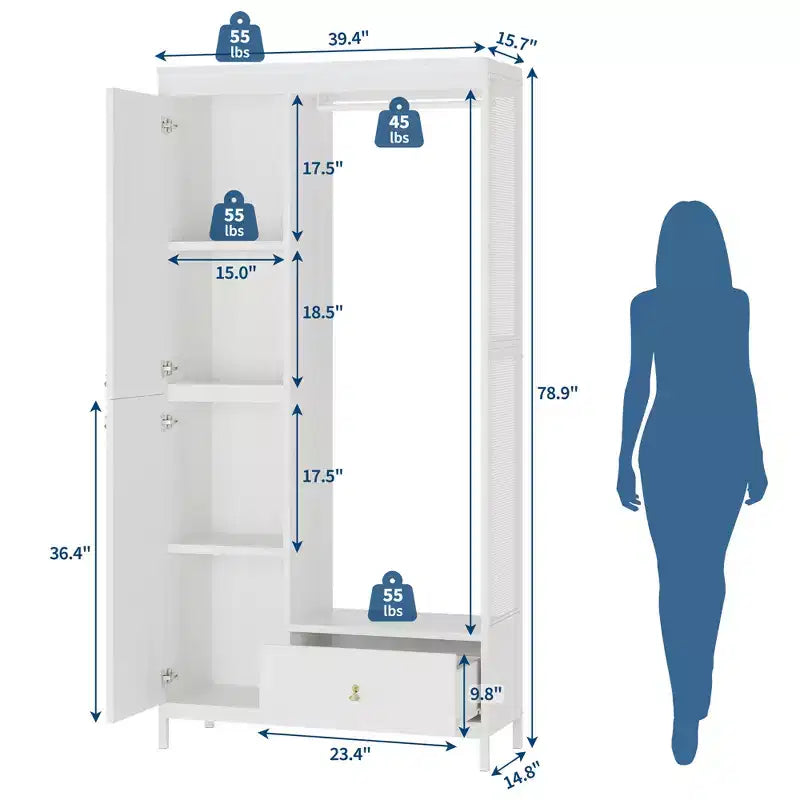 Freestanding Closet Organizer with Shelves and Hanging Rod, Modern Metal Wardrobe Rack with Mesh Side & Drawer