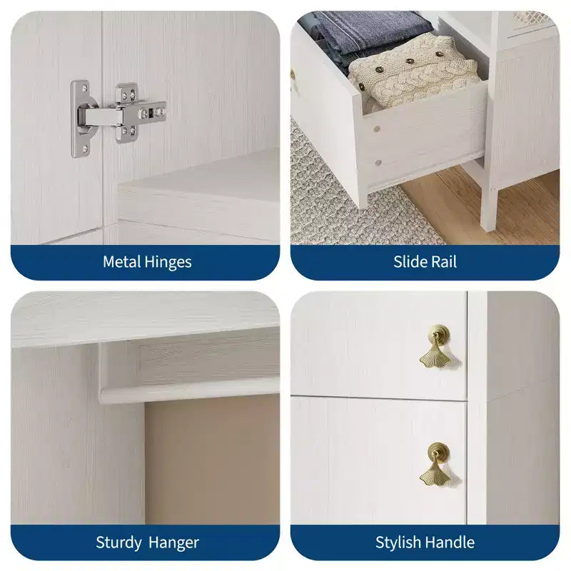 Freestanding Closet Organizer with Shelves and Hanging Rod, Modern Metal Wardrobe Rack with Mesh Side & Drawer