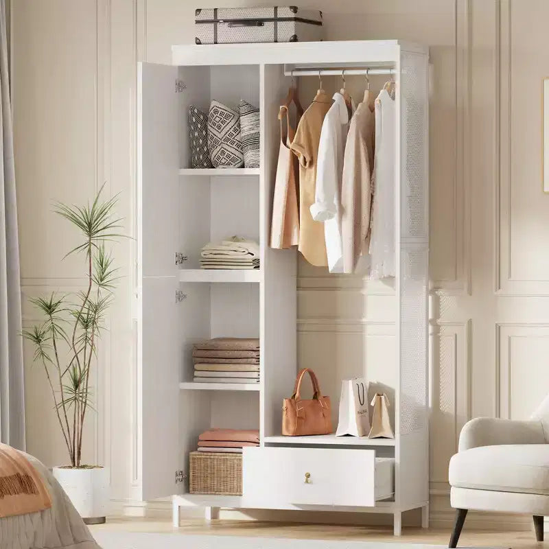Freestanding Closet Organizer with Shelves and Hanging Rod, Modern Metal Wardrobe Rack with Mesh Side & Drawer