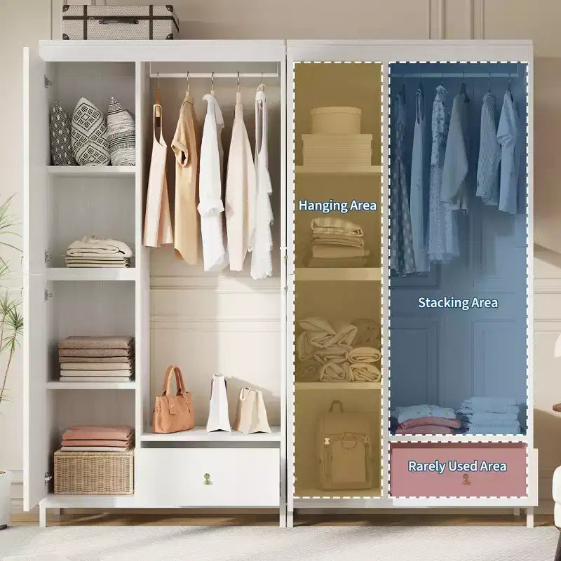 Freestanding Closet Organizer with Shelves and Hanging Rod, Modern Metal Wardrobe Rack with Mesh Side & Drawer