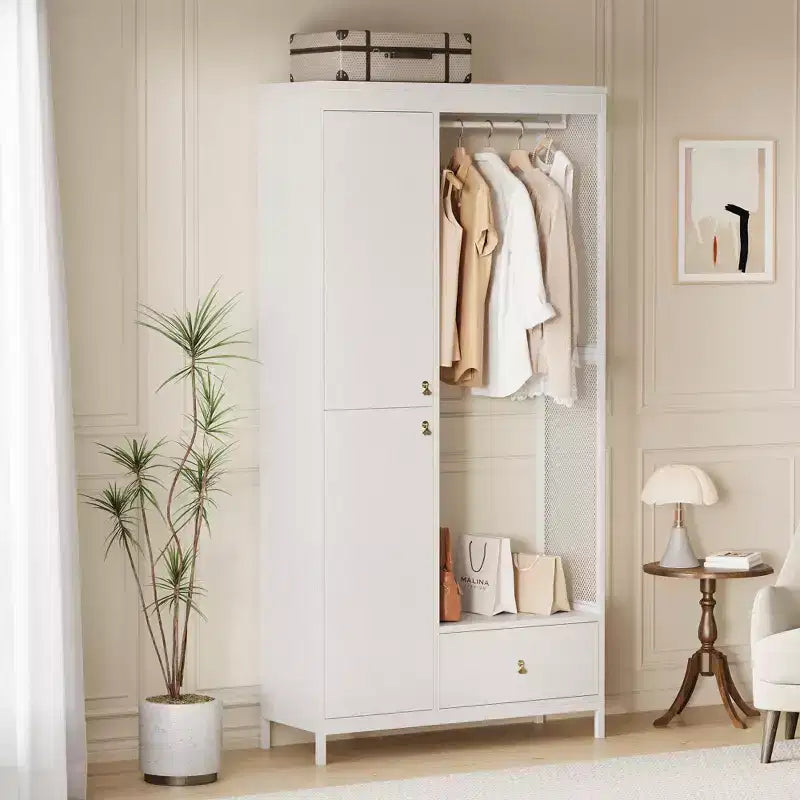 Freestanding Closet Organizer with Shelves and Hanging Rod, Modern Metal Wardrobe Rack with Mesh Side & Drawer