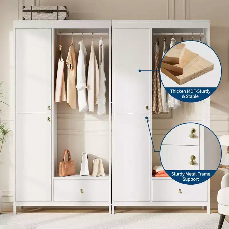 Freestanding Closet Organizer with Shelves and Hanging Rod, Modern Metal Wardrobe Rack with Mesh Side & Drawer
