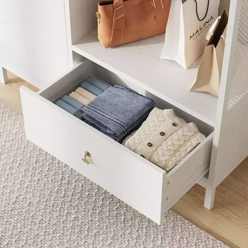 Freestanding Closet Organizer with Shelves and Hanging Rod, Modern Metal Wardrobe Rack with Mesh Side & Drawer