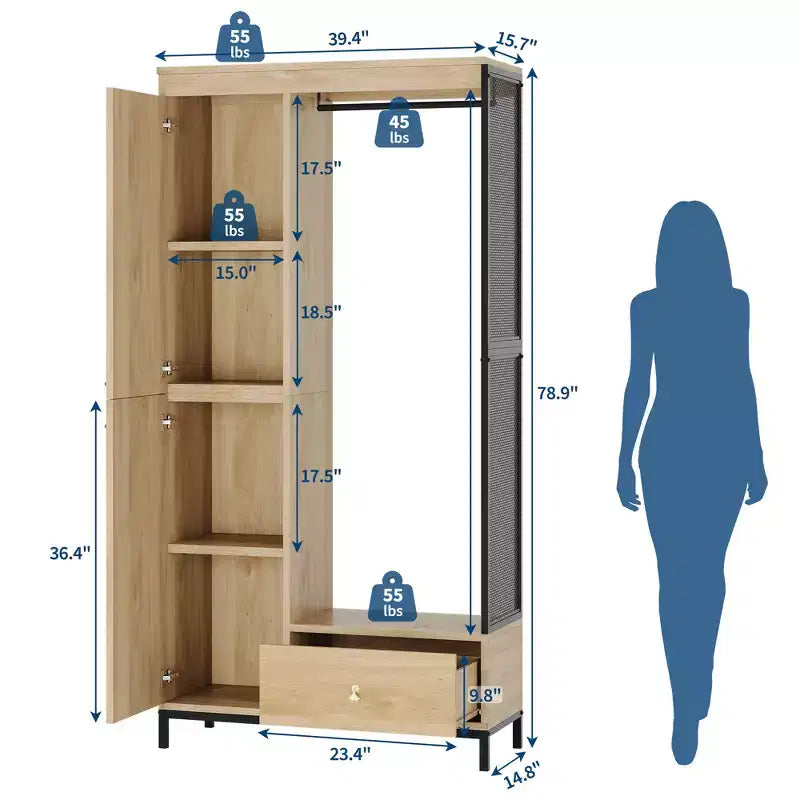 Freestanding Closet Organizer with Shelves and Hanging Rod, Modern Metal Wardrobe Rack with Mesh Side & Drawer