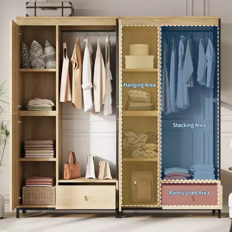 Freestanding Closet Organizer with Shelves and Hanging Rod, Modern Metal Wardrobe Rack with Mesh Side & Drawer