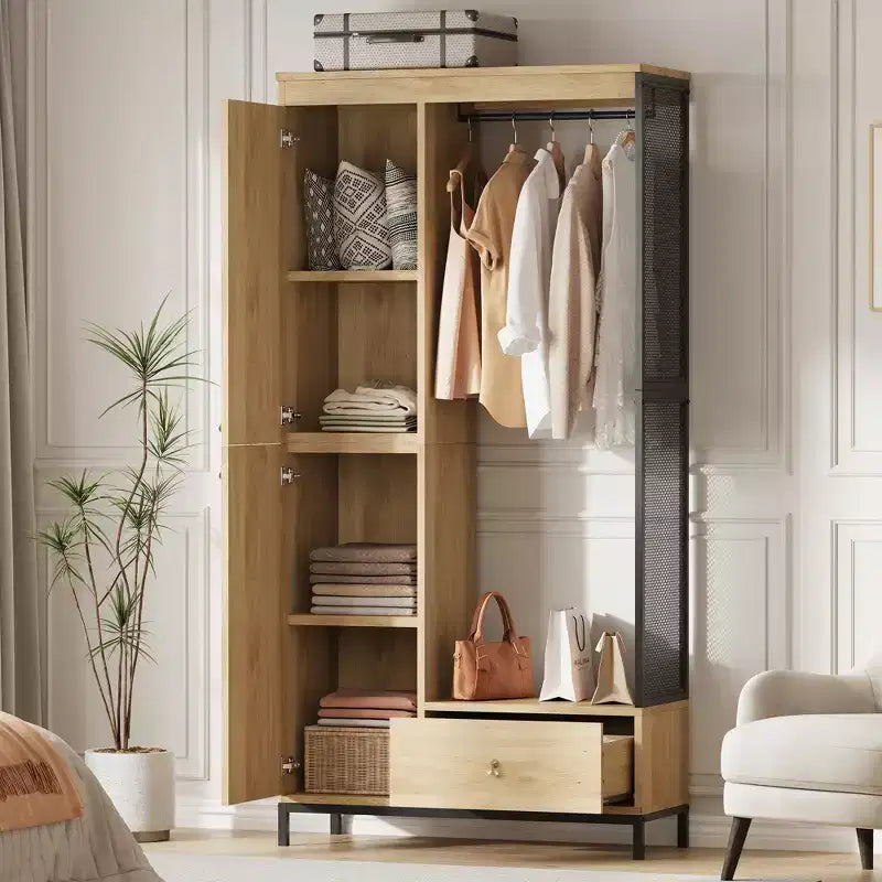 Freestanding Closet Organizer with Shelves and Hanging Rod, Modern Metal Wardrobe Rack with Mesh Side & Drawer