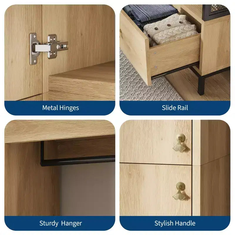 Freestanding Closet Organizer with Shelves and Hanging Rod, Modern Metal Wardrobe Rack with Mesh Side & Drawer