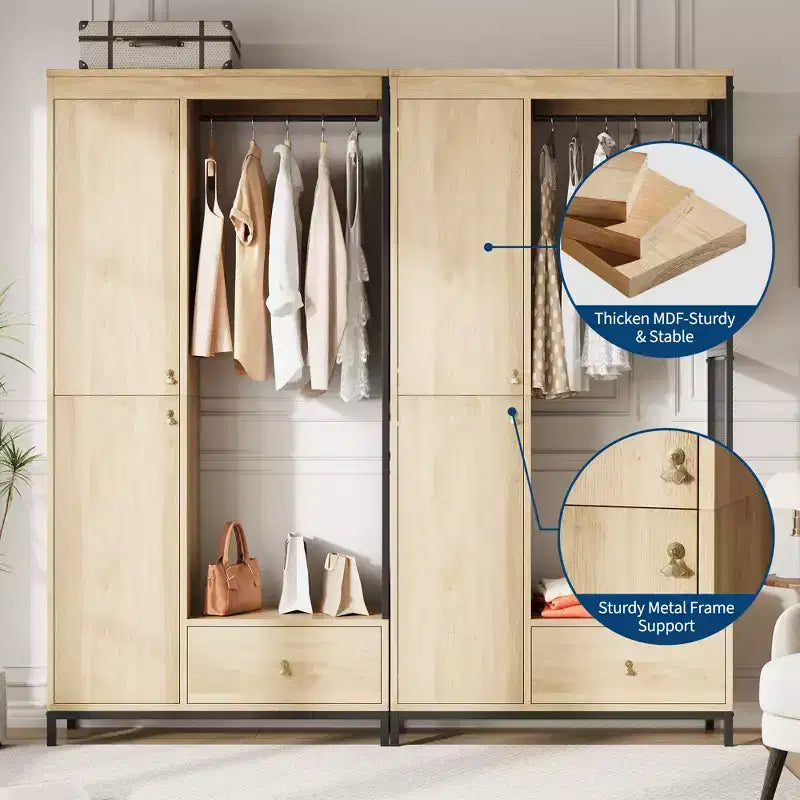 Freestanding Closet Organizer with Shelves and Hanging Rod, Modern Metal Wardrobe Rack with Mesh Side & Drawer