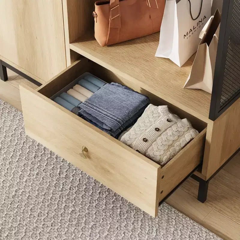 Freestanding Closet Organizer with Shelves and Hanging Rod, Modern Metal Wardrobe Rack with Mesh Side & Drawer