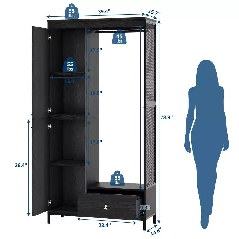 Freestanding Closet Organizer with Shelves and Hanging Rod, Modern Metal Wardrobe Rack with Mesh Side & Drawer