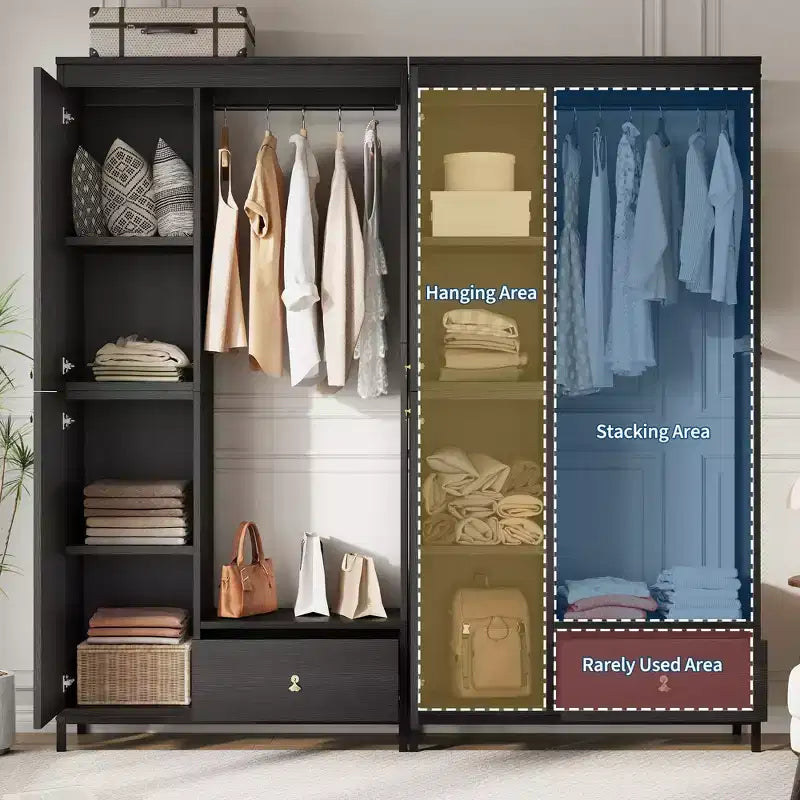 Freestanding Closet Organizer with Shelves and Hanging Rod, Modern Metal Wardrobe Rack with Mesh Side & Drawer