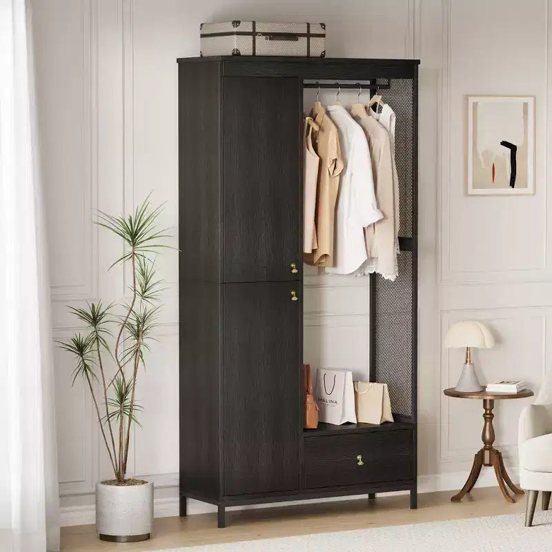 Freestanding Closet Organizer with Shelves and Hanging Rod, Modern Metal Wardrobe Rack with Mesh Side & Drawer